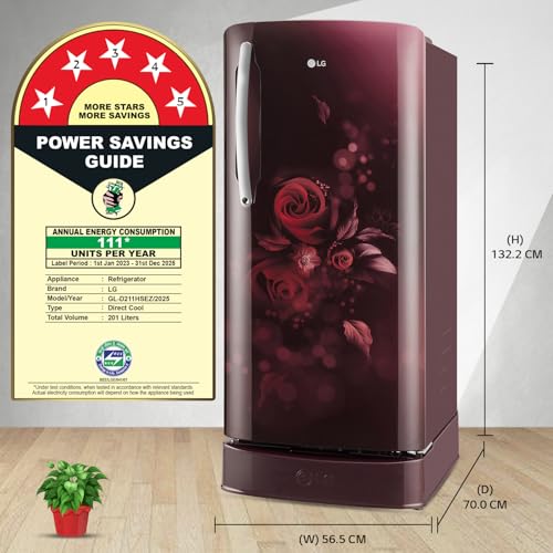 Image of LG 201 L 5 Star Inverter Direct-Cool Single Door Refrigerator Appliance (GL-D211HSEZ, Scarlet Euphoria, Base stand with drawer, Gross Volume- 204 L)