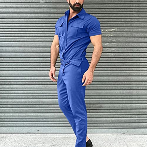 Mens Jumpsuits,Solid Button Down Rompers Short Sleeve Coverall Slim Fit Speedsuits Workwear One Piece Bodysuits2