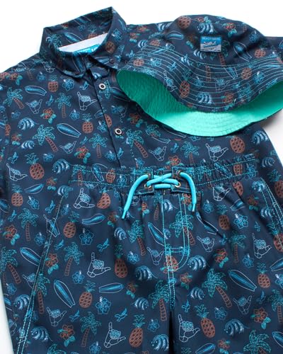 Image of Beach Bros. Boys Shorts Set - 3 Piece Button Down Hawaiian Shirt Swim Trunks & Bucket Hat - Boys Summer Shorts Outfit