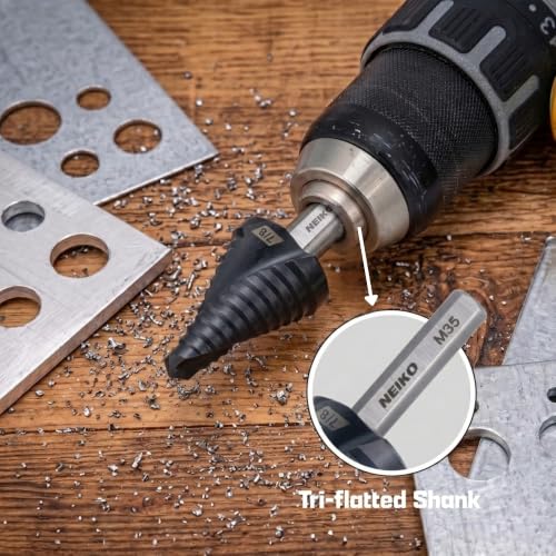 Image of NEIKO 10619B Step Drill Bit, 1 Step 7 /8 inch Spiral M35 Cobalt, AlTiSiN Coated, 3 /8 inch Tri-Flat Step Bits for Steel, Metal, Wood, Plastic, Unibit Cone Drill Bits, Two Flute