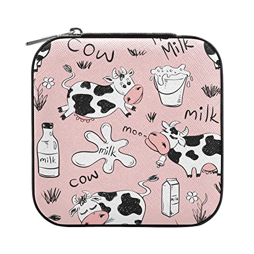 Joyero organizador de viaje, bonito patrón de leche de vaca de animales, pequeño, portátil, para anillos, aretes, collares, pulseras, piel sintética, mini cajas de almacenamiento de joyas para mujeres