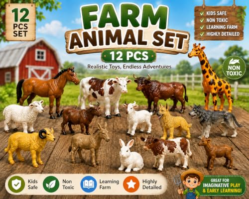 Image of Brand Conquer Farm Animal Toys for Kids, 12 Pcs Realistic Farm Animal Figures Set, Non-Toxic Plastic Learning Toys for Boys & Girls, Educational Montessori Animal Playset, Birthday Gift for 3+ Years