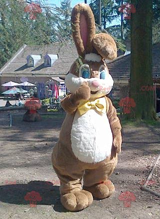 REDBROKOLY Mascot big brown and white rabbit with a bow tie