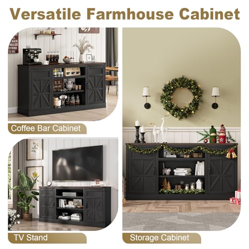 XVD-66-Farmhouse-Coffee-Bar-Cabinet-with-Charging-Station-Sideboard-Buffet-Cabinet-with-Large-Storage-Wood-Buffet-Storage-Cabinet-with-Adjustable-Shelves-for-Kitchen-Living-Room-Black XVD 66 Farmhouse Coffee Bar Cabinet with Charging Station Sideboard Buffet Cabinet with Large Storage Wood Buffet Storage Cabinet with Adjustable Shelves for Kitchen Living Room Black