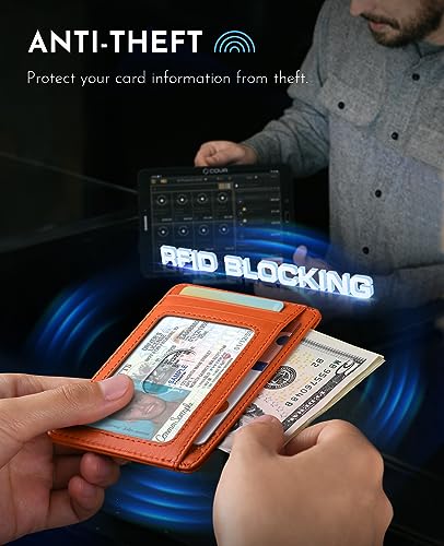 Image of Buffway Slim Wallet for Men Women Minimalist Small Leather Front Pocket Wallets with RFID Blocking and Gifts Box - Bassa Orange