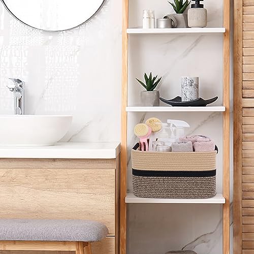 Image of Woven Rope Storage Bin for Organizing - Medium 13 inchx9.8 inchx9 inch Rectangular Cube Basket with Handles, Decorative Boho Nursery, Bathroom, Closet Organizer - Black & Jute by MicroIdeas