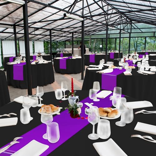 Image of 12Pack 12x108 Inch Satin Table Runner and 84 Inch Round Plastic Tablecloths Set Black Purple Disposable Round Table Cover for Graduation Wedding Bridal Shower Anniversary Birthday Party Decorations