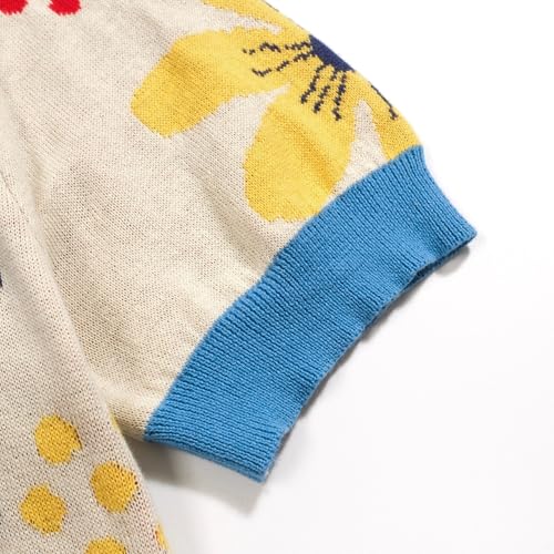 Men's Knit Polo Shirt, Retro Colorful Florals Pattern Cardigan Polo Button Down Short Sleeve Shirt, Bei Blue4