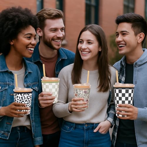 Image of Reusable Insulated Neoprene Iced Coffee Cup Sleeve, Durable Drink Sleeve for Cold Beverages, Beverage Holder for Iced Coffee, Multi-Tone Checkers
