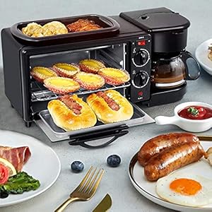 3-in-1 mini-oven, grillplaat, pizzaoven, toasten, ontbijtmachine, met koffiemachine, zwart