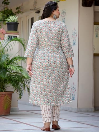 Image of YUFTA White And Green Printed Cotton Straight Plus Size Plus Size Kurta Trousers & Dupatta Set (9692PSKDWH )