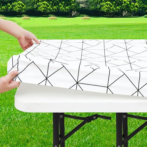 Morbuy Mantel Rectangular Antimanchas, Líneas geométricas Impermeable Mantel con Banda Elástica,Ideal para Exterior, Jardín, Camping y Ajuste Elastico Manteles (Blanco,75x183cm)