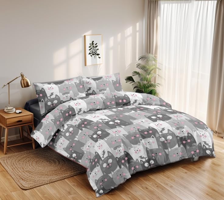 Juego de Funda Nórdica 4 Piezas Cama 150 Microfibra Extra Suave Transpirable - 1 Funda Edredón 240x220 cm, 1 Bajera 150x200+28 cm y 2 Fundas de Almohada 50x90 cm (Color Gato Gris)