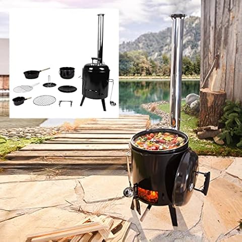BRAST Eintopfofen mit Grillfunktion Ofen Kugelgrill Barbecue Grill Outdoor-Küche Gulaschkanone Suppenkessel Hähnchenbräter Ungarischer Gulaschkessel aus Stahlblech emailliert Dreibein inkl. Zubehör Cover