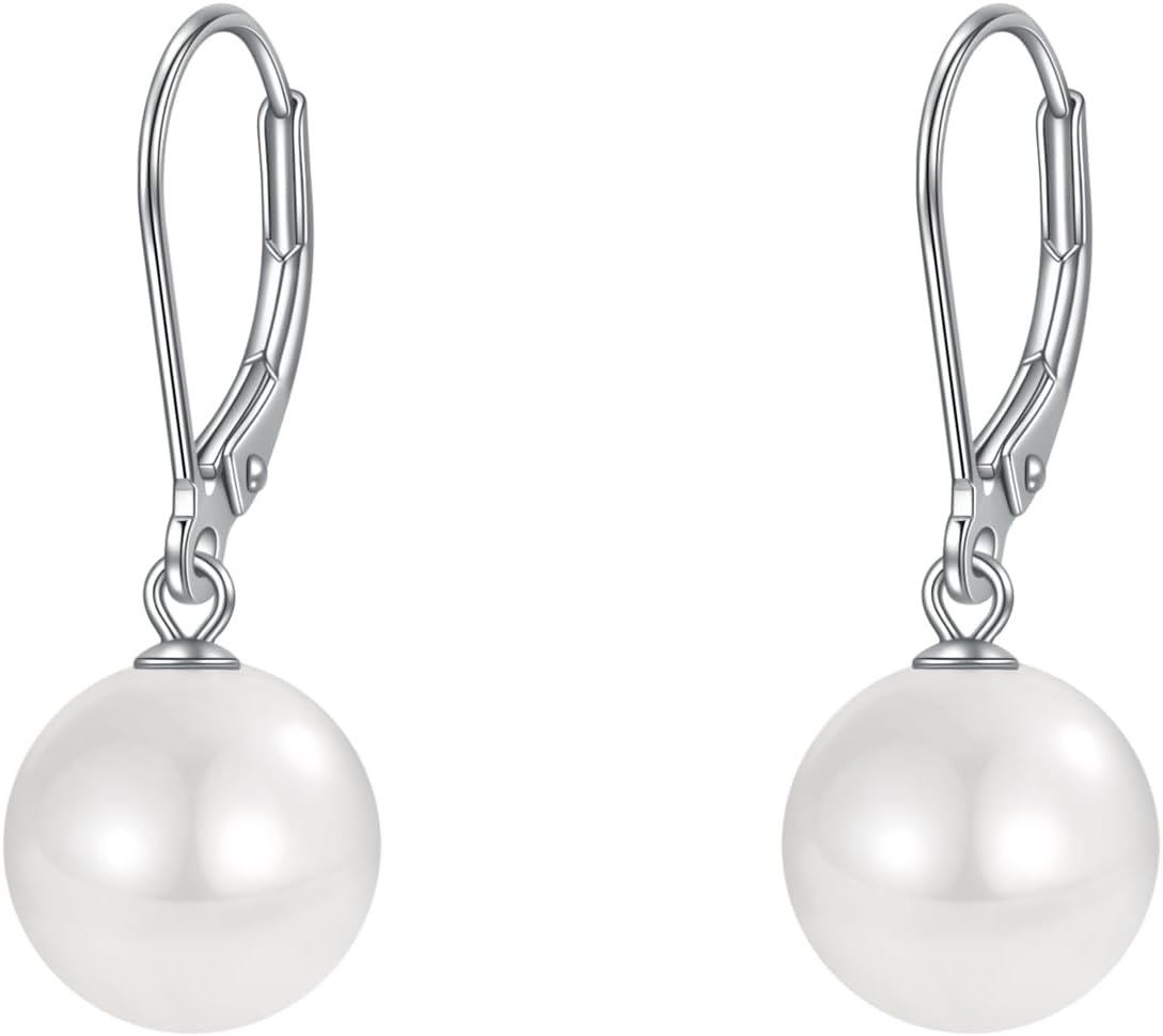 Rnivida 925 Sterling Silver Pearl Leverback Earrings,Hypoallergenic Round Pearls Drop Jewelry Gift for Women