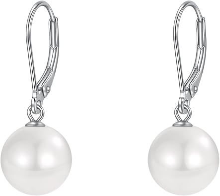 Rnivida 925 Sterling Silver Pearl Leverback Earrings,Hypoallergenic Round Pearls Drop Jewelry Gift for Women