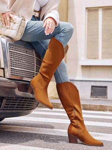 Image of Coutgo Womens Wide Calf Cowboy Boots Suede Knee High Chunky Heel Pointed Toe Western Cowgirl Boots