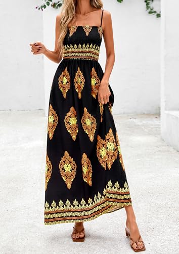 Image of PRETTYGARDEN Women's Summer Boho Maxi Dress Floral Sundresses | Spaghetti Strap, Sleeveless, Smocked Bodice, A-Line Long Flowy, Lightweight Soft, Wedding Guest Party, Beach Vacation Outfits