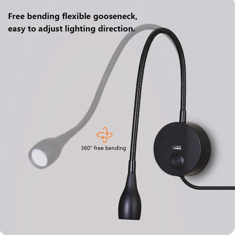 Image of LED Reading Lamp 3W Warm White 3000K Touch Dimming Switch USB A Charger for Reading Books Black Plug Cord 1 Pieces (US028-BK)