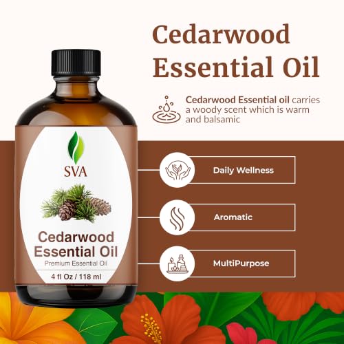 Image of SVA Cedarwood Essential Oil 4 Fl Oz - for Diffuser, Skin & Hair Care - Ideal for Massage & DIY Blends - with Dropper