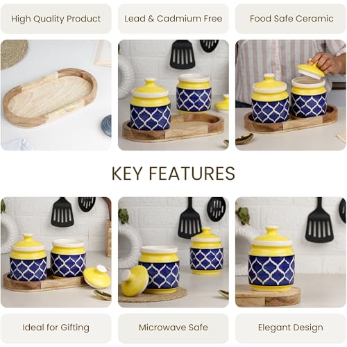 Image of The Earth Store Yellow Blue Moroccan Ceramic Jar with Wooden Tray | 600ml Each | Pickle Jar | Kitchen Storage Container Set for Pickle, Cookies, Sugar, Tea, Coffee - 2 Jars & 1 Tray Combo Set