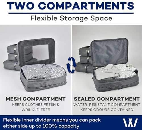 TWO-Compartment Compression Packing Cubes - WONGLE DUO 4 pc Set Travel Organizer Compressible Packing Cubes for Suitcases, Luggage Organizer Bags, Bedbug Protection, Travel Accessories (Grey)4
