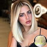 Kreesi Short Blonde Wigs for Women Synthetic Straight Blonde Bob Wig with Dark Brown Roots Shoulder Length Blonde Ombre Wig Middle Part Heat Resistant Fiber Hair Party Cosplay Wig