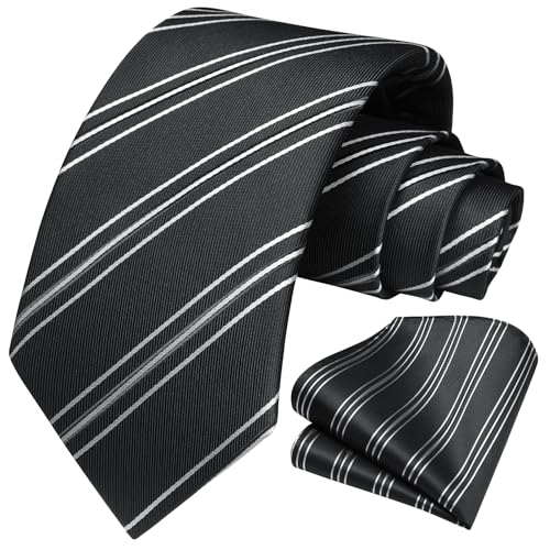 Image of HISDERN Mens Striped Ties Classic Silk Woven Tie and Pocket Square Set Formal Business Necktie Handkerchief for Wedding