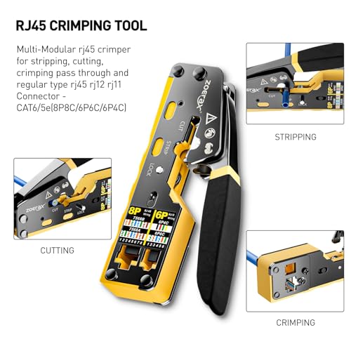 Image of Ethernet Crimping Tool Kit RJ45 Crimp Tools,CAT5 Cat5e Cat6 RJ45 Crimping Tool Kit With Cable Tester, Multiply Stripper, Blades,50Pcs Cat 6 Pass Through Connectors and Strain Relief Boots