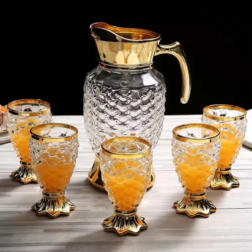 Image of Crystal Golden Water and Juice Glasses Set of 6 and Jug 1 piece Transparent, Glass and Jug Set for Dining Table,Party,Gift Set,All pourpse use Set of 1 (7 piece) (MT-7)