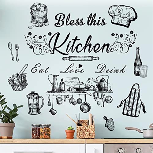 Kitchen Wall Decals Kitchen Quote Wall Decor Stickers Bless This Kitchen Wall Art Mural Decor Peel And Stick Wall Decals Dining Room Quotes Stickers For Family Cabinet Room Home Restaurant Decorations #TOP3