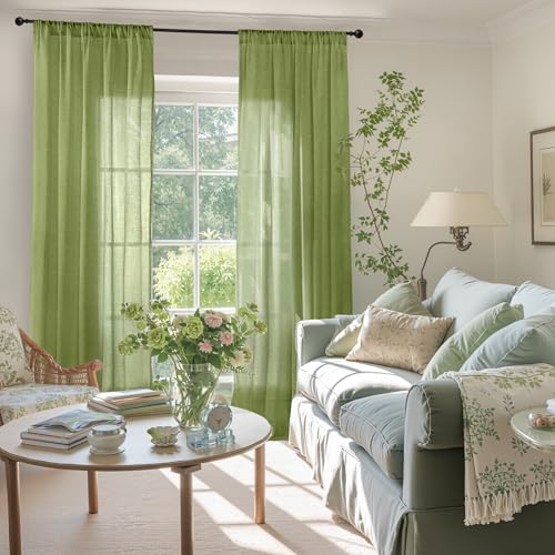 Image of BGment Olive Green Linen Curtains for Living Room 84 Inch Length- Light Filtering Window Drapes Rod Pocket Natural Textured for Bedroom Lightweight Rustic Spring Decor, 2 Panels Set, 52 X 84 Inch