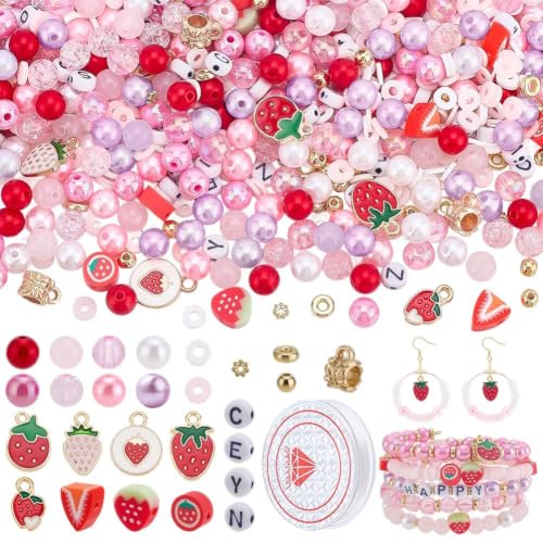 PH PandaHall 1600pcs Strawberry Beads for Jewelry Making, Pink Acrylic Beads Strawberry Alloy Enamel Charms Round Gold Spacer Bead for Stackable Friendship Bracelets Necklace Making Gift