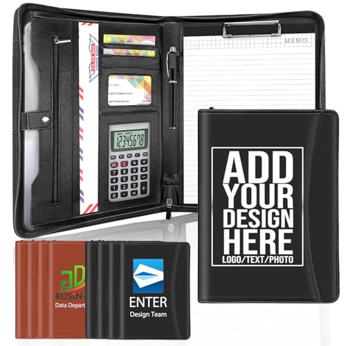 Personalized Portfolio with Zipper Logo Text Photo Custom Business Leather Folder Organizer with Clipboard Card Binder for Men Women Customized Padfolio for Gift Resume Interview Case Office
