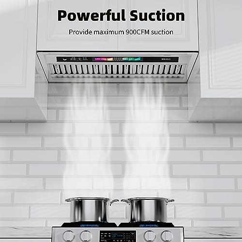 Image of 30 Inch Insert Range Hood with Voice /Gesture /Touch Control, 900 CFM Built-in Kitchen Hood Vent with 4 Speed Exhaust Fan, Memory Mode, Adjustable Lights, Ducted /Ductless Convertible