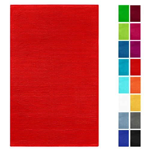 Lashuma Flauschiger Badvorleger Rot - Scharlach, Linz Badeteppich 50x80 cm schnelltrocknend Baumwolle