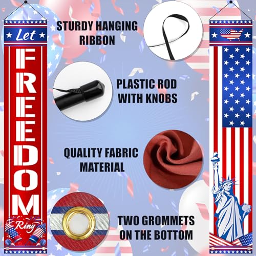 Image of 4th of July Decorations Outdoor Patriotic Memorial Day Decor, American Flag Banner Stars and Stripes Porch Sign for Memorial Independence Veterans Labor Day Party Supplies Red White Blue