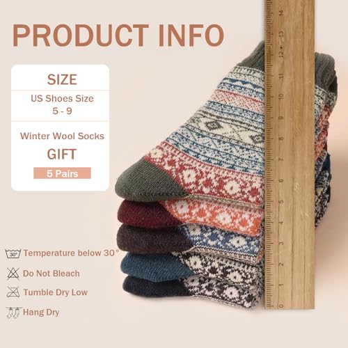 Image of 5 Pair Warm Socks Vintage Winter Thick Knit Cozy Crew Socks Boots Socks Gifts for Women