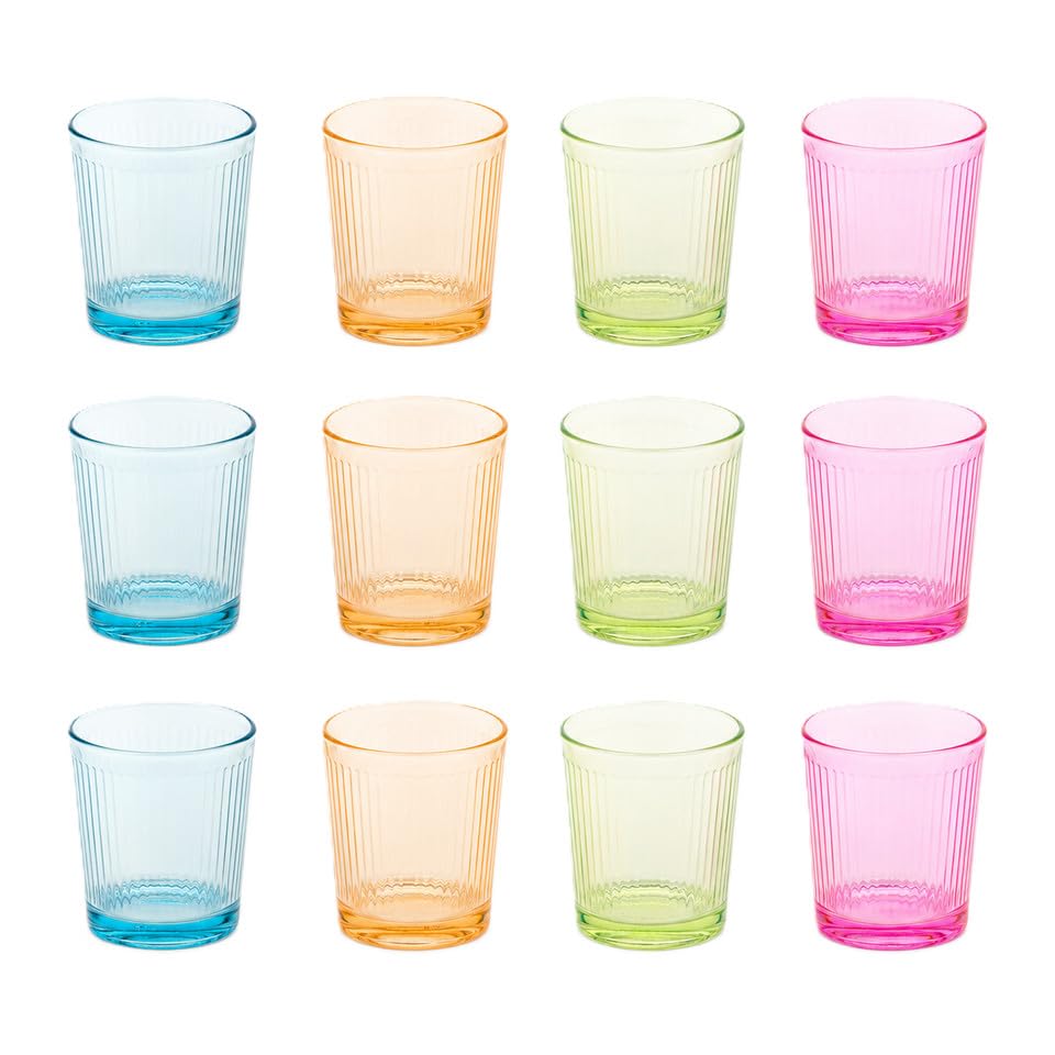 Queensway Home & Dining 360ml Coloured Drinking Glasses Set Retro Water Juice Cups, Ribbed or Smooth Glassware, Lead-Free Tumblers for Home Dining & Bar - Ribbed Set of 12