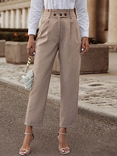 SweatyRocks Women's Elegant Button Front Pleated Pants High Waisted Straight Leg Long Pants3