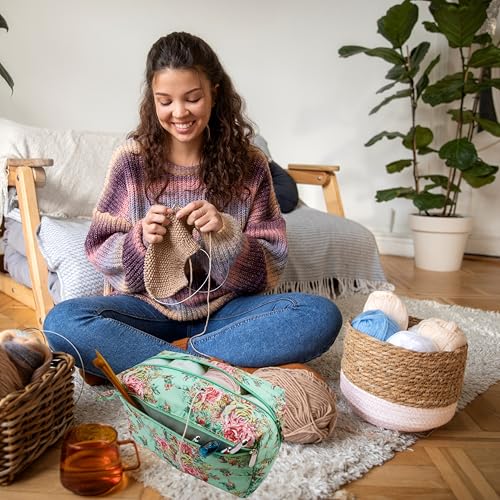 Image of WAZAIGUR Small Portable Tote Travel Outdoor Crochet Yarn Storage Bag Knitting Project Bag, Green