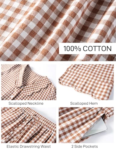 Image of Flygo Womens Gingham Pajamas Set Cotton 2 Piece Pj Set Scalloped Collar Babydoll Shirt Pants Plaid Y2K Lounge Sets