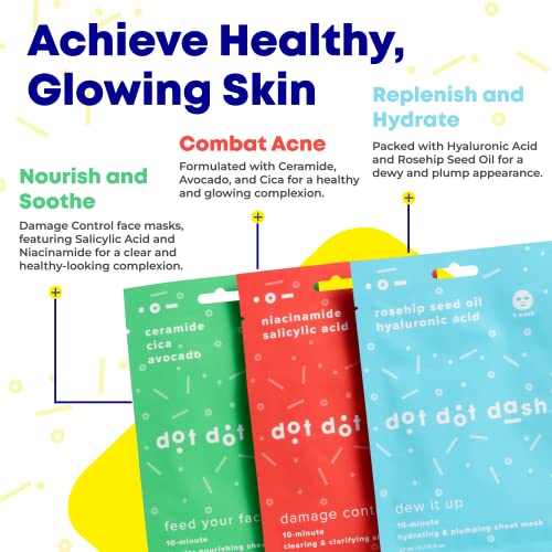 Dot Dot Dash Variety Pack Face Mask - Includes Salicylic Acid Cleanser Mask With Niacinamide, Hydrating Face Mask Infused With Hyaluronic Acid And Rosehip Oil, And Ceramide Serum With Cica Nourishing Mask - (3 Count) #TOP2