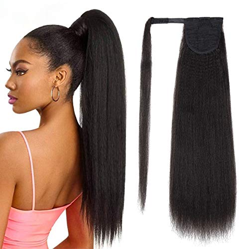 22 Inch Long Yaki Straight Ponytails Synthetic Fiber Kinky Straight Wave Ponytail Hairpieces Wrap Around With Magic Paste Curly Wavy Pony Tail Clip in Hair Extensions for Women (#2)
