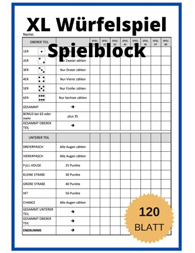Würfelspiel Spielblock: A4 Würfelspiel Gewinnblatt Block Groß | 120 Blatt | 960 Spiele | Block für Würfelspiel Reisespiele | Spiele Familienspiele