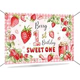 Mocsicka Berry First Birthday Banner Backdrop Decorations Red Berry Baby Girl 1st Birthday Decorations for Girls Strawberry Shortcake Background Photo Booth Props 71x43.5Inch