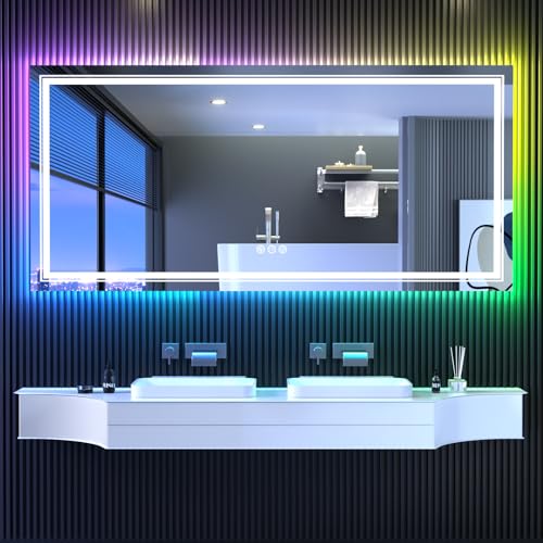 LED Mirror for Bathroom, 72"X32" with 8 RGB Backlit +3 Front Lit (Adjustable Individually), Anti-Fog, Large Lighted Bathroom Vanity Mirror for Wall,Shatterproof,Memory Function,Tempered Glass