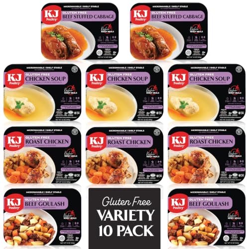 Image of KJ Poultry Kosher for Passover Gluten Free Meals, Matzo Ball Chicken Soup + Beef Goulash + Roast Chicken + Stuffed Cabbage (10 Pack Variety) Prepared Entree Fully Cooked, Shelf Stable Microwave Dinner