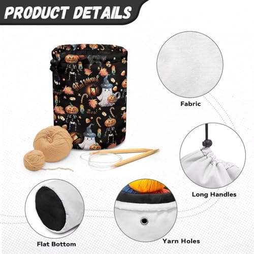 Image of Sellikakes Halloween Ghost Pumpkin Small Yarn Bag Crochet Organizer, Knitting Crochet Storage Bag, Portable Yarn Knitting Bag for Crocheting Project, Store Skein Ball, Short Knitting Needle