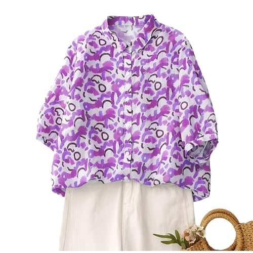 Image of Gufrina Women's Abstract Printed Button Down Shirt with Mandarin Collar and Above Elbow Sleeve Relaxed Fit Top